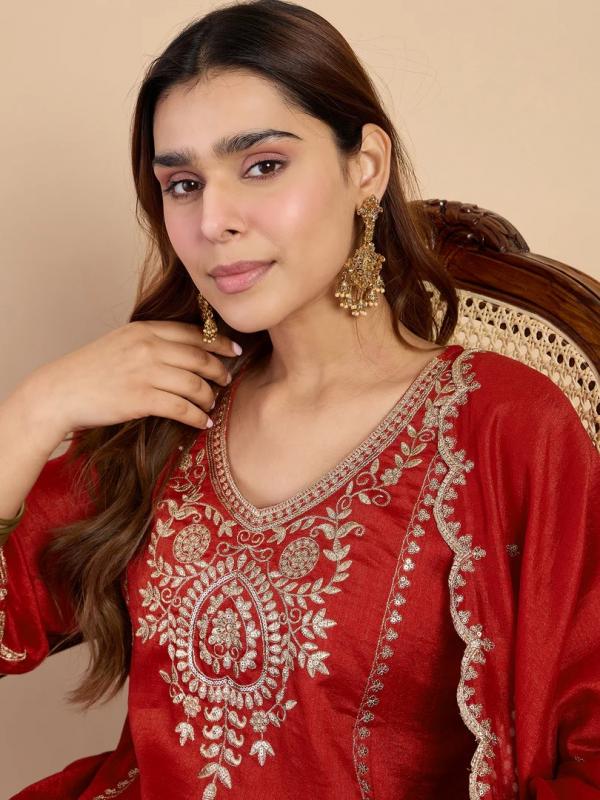 VP 9851 R Women's Rust Silk Blend Embroidered Straight Kurta Set with Dupatta